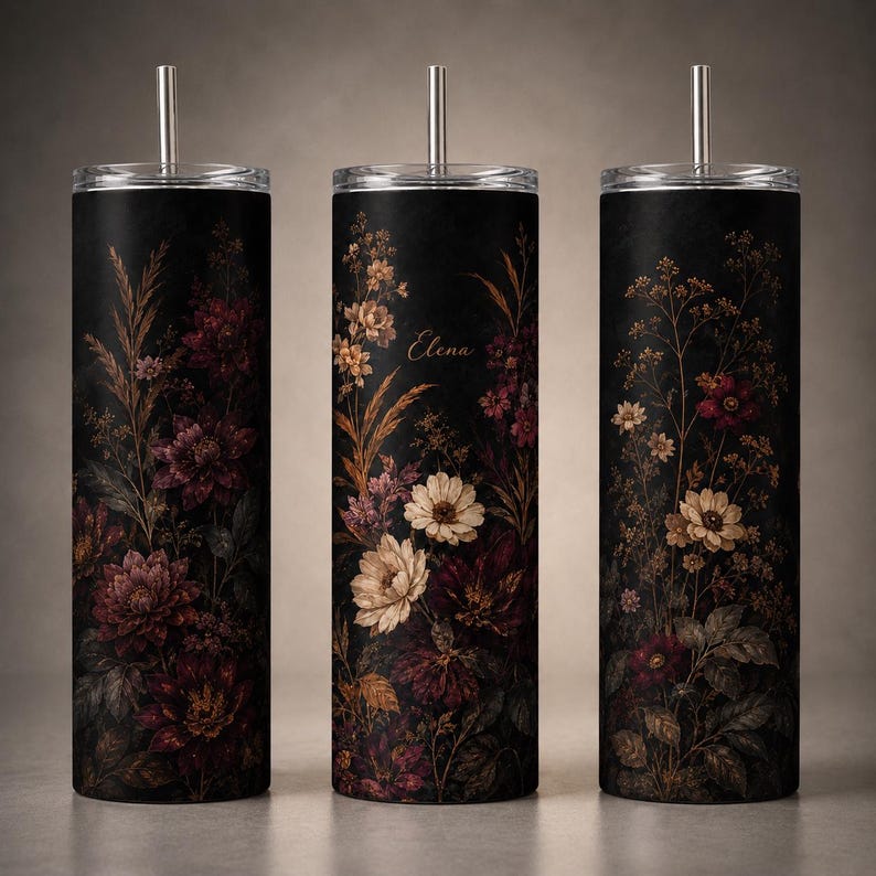 Personalized Dark Floral Tumbler
