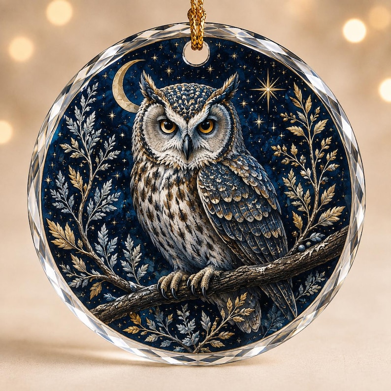 Owl & Moon Glass Ornament